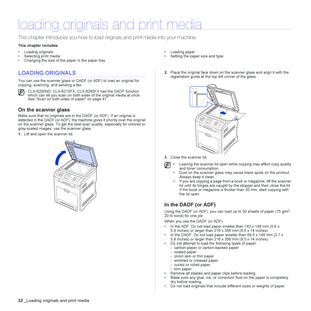 Samsung CLX-6240 Series, CLX-6200 Loading originals and print media, Loading Originals, On the scanner glass, Dadf or ADF 