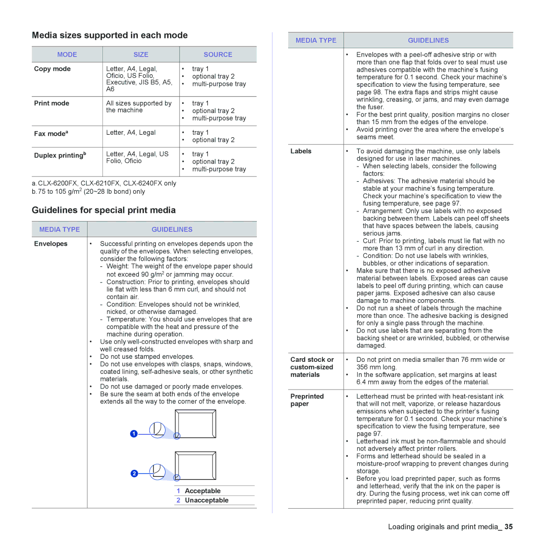 Samsung CLX-6200, CLX-6240 Series Media sizes supported in each mode, Guidelines for special print media, Mode Size Source 