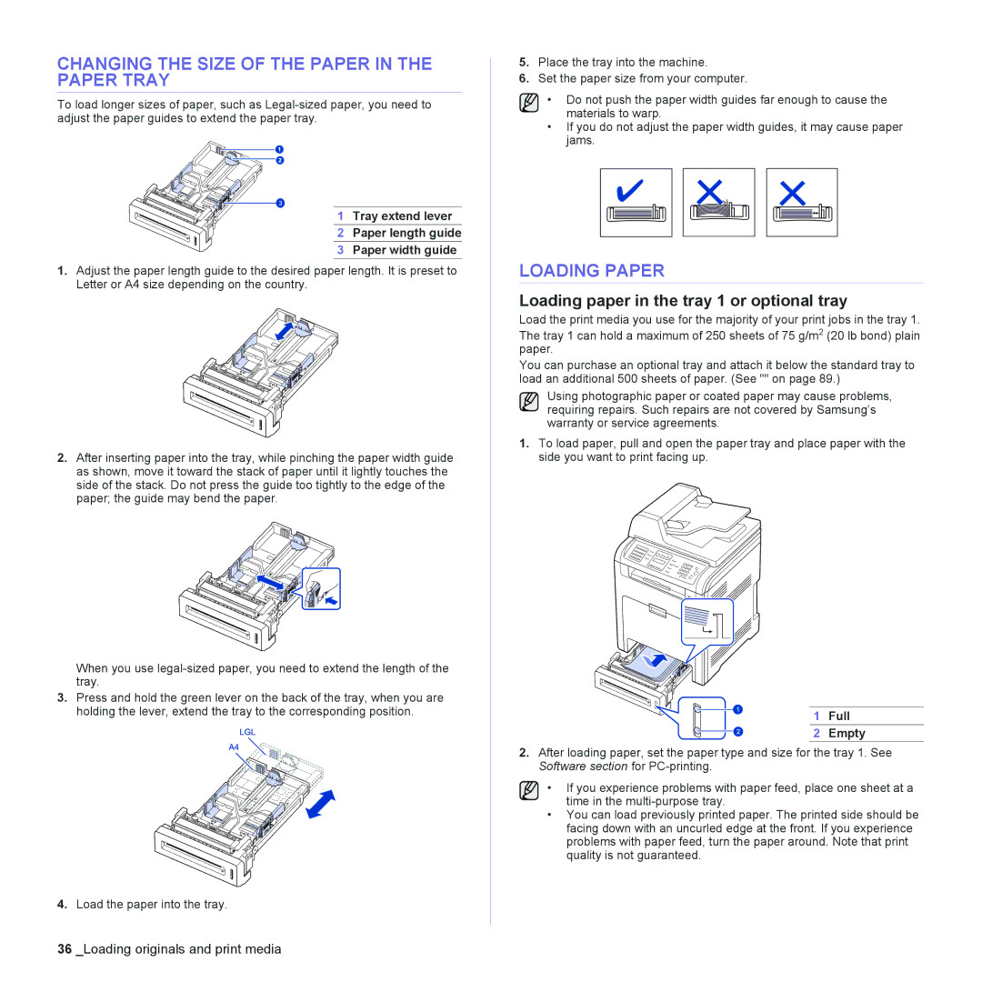 Samsung CLX-6240 Series, CLX-6200 manual Changing the Size of the Paper in the Paper Tray, Loading Paper 