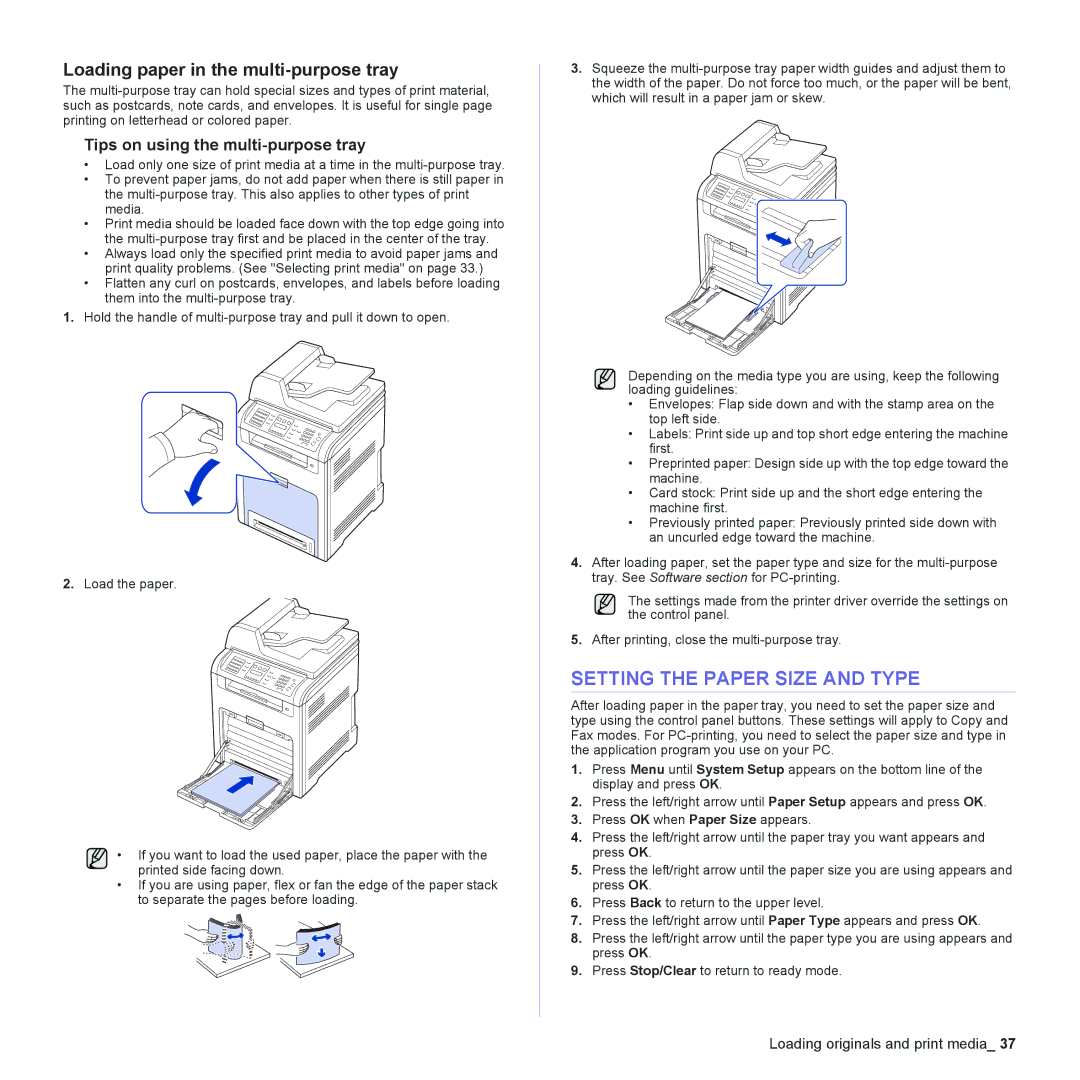 Samsung CLX-6200, CLX-6240 Series manual Setting the Paper Size and Type, Loading paper in the multi-purpose tray 