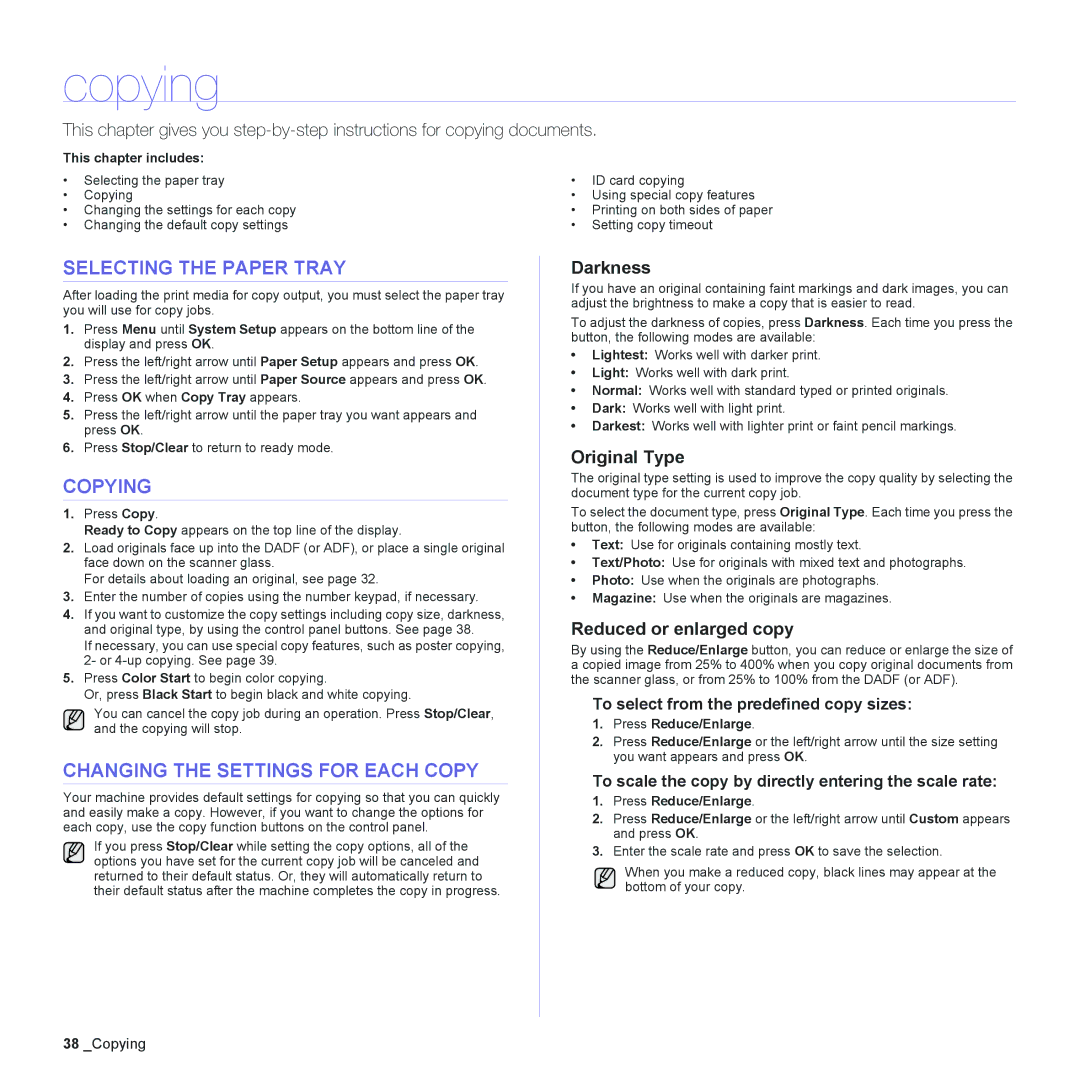 Samsung CLX-6240 Series, CLX-6200 manual Copying, Selecting the Paper Tray, Changing the Settings for Each Copy 