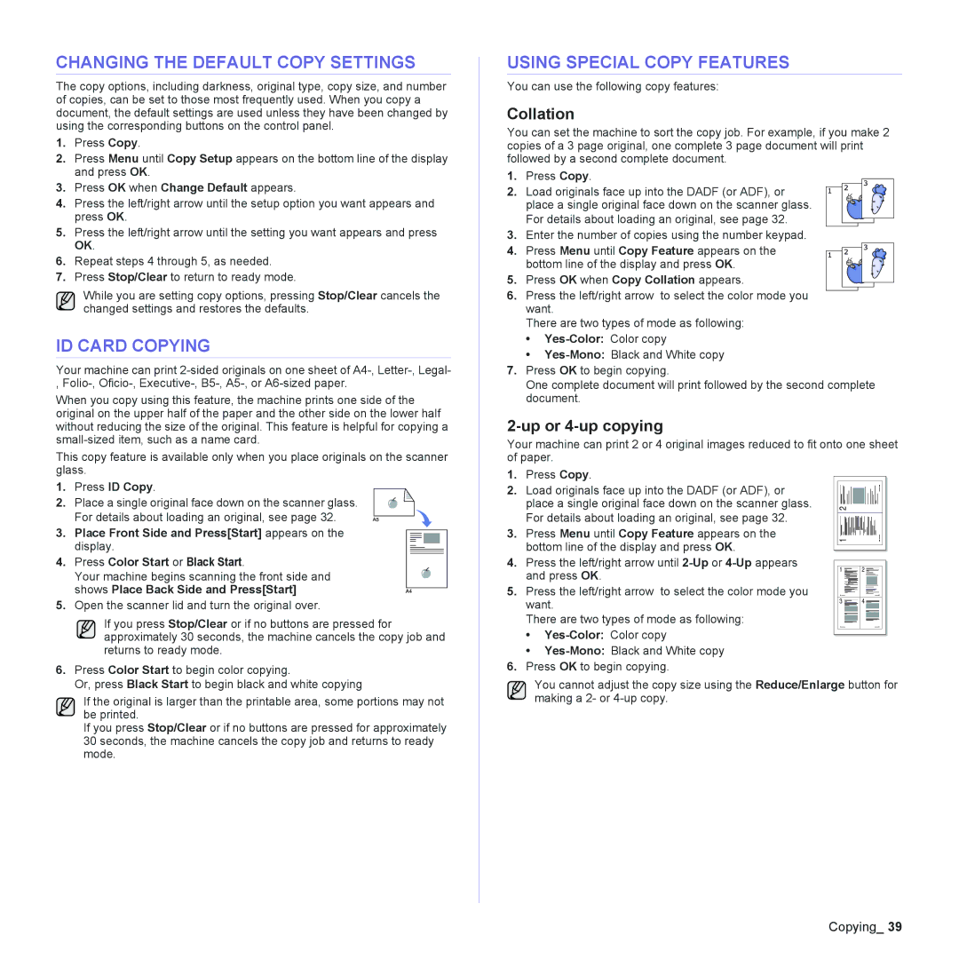 Samsung CLX-6200 manual Changing the Default Copy Settings, ID Card Copying, Using Special Copy Features, Collation 