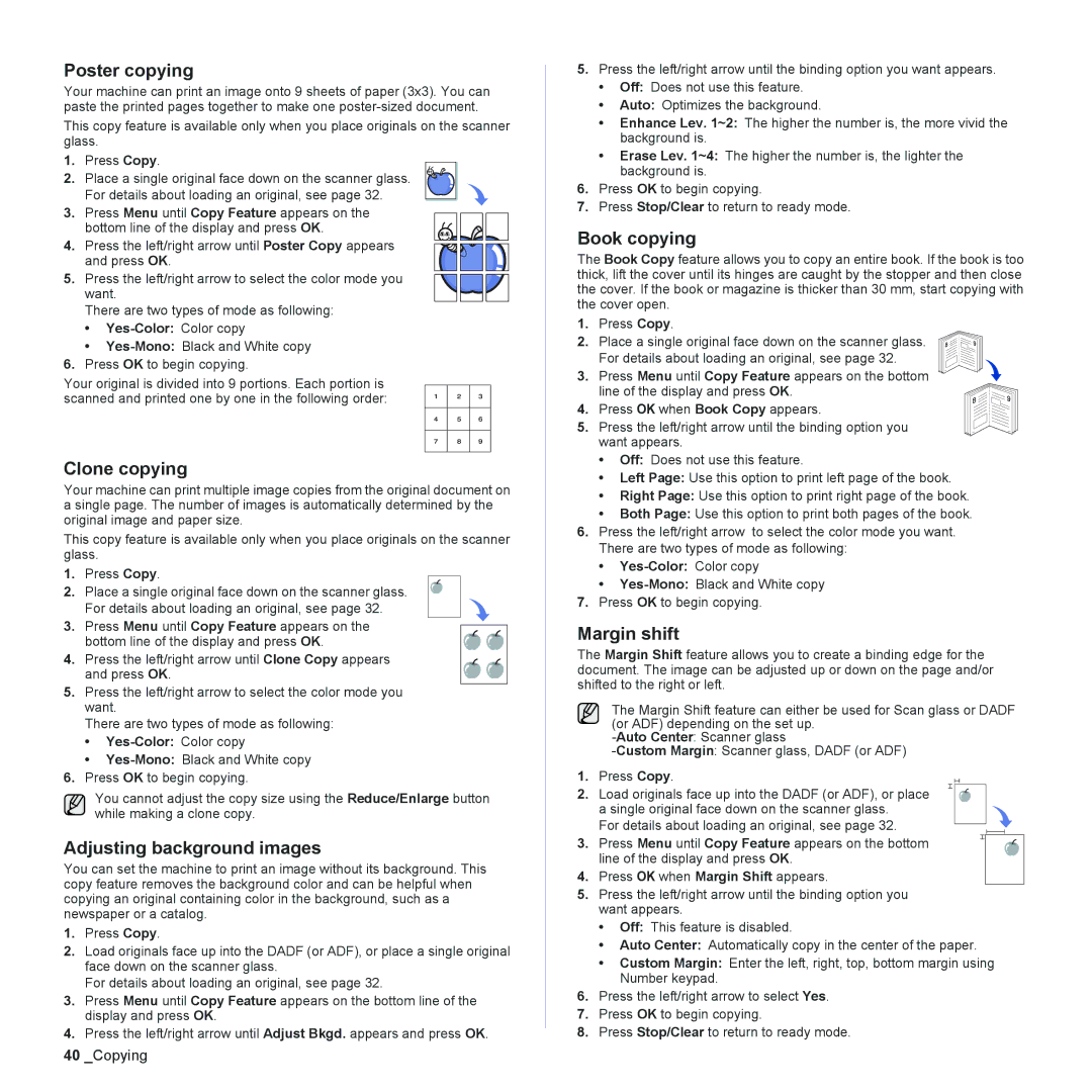 Samsung CLX-6240 Series, CLX-6200 Poster copying, Clone copying, Adjusting background images, Book copying, Margin shift 