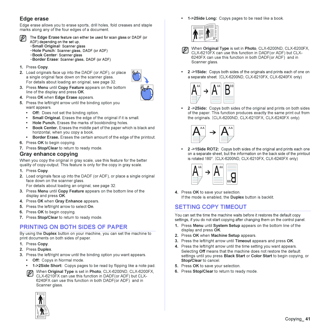 Samsung CLX-6200, CLX-6240 Series Printing on Both Sides of Paper, Setting Copy Timeout, Edge erase, Gray enhance copying 