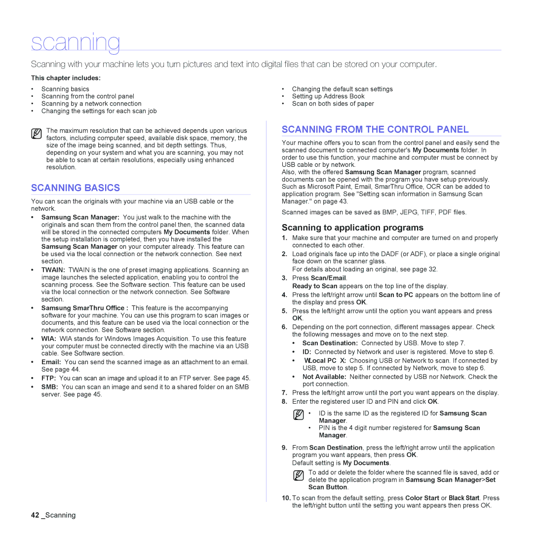 Samsung CLX-6240 Series, CLX-6200 Scanning Basics, Scanning from the Control Panel, Scanning to application programs 