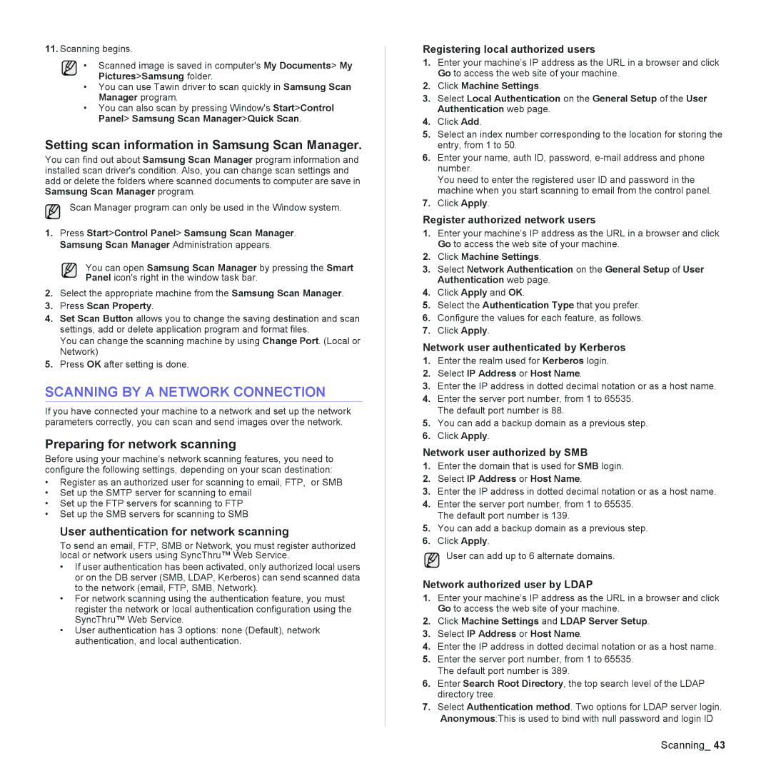 Samsung CLX-6200, CLX-6240 Series manual Scanning by a Network Connection, Setting scan information in Samsung Scan Manager 