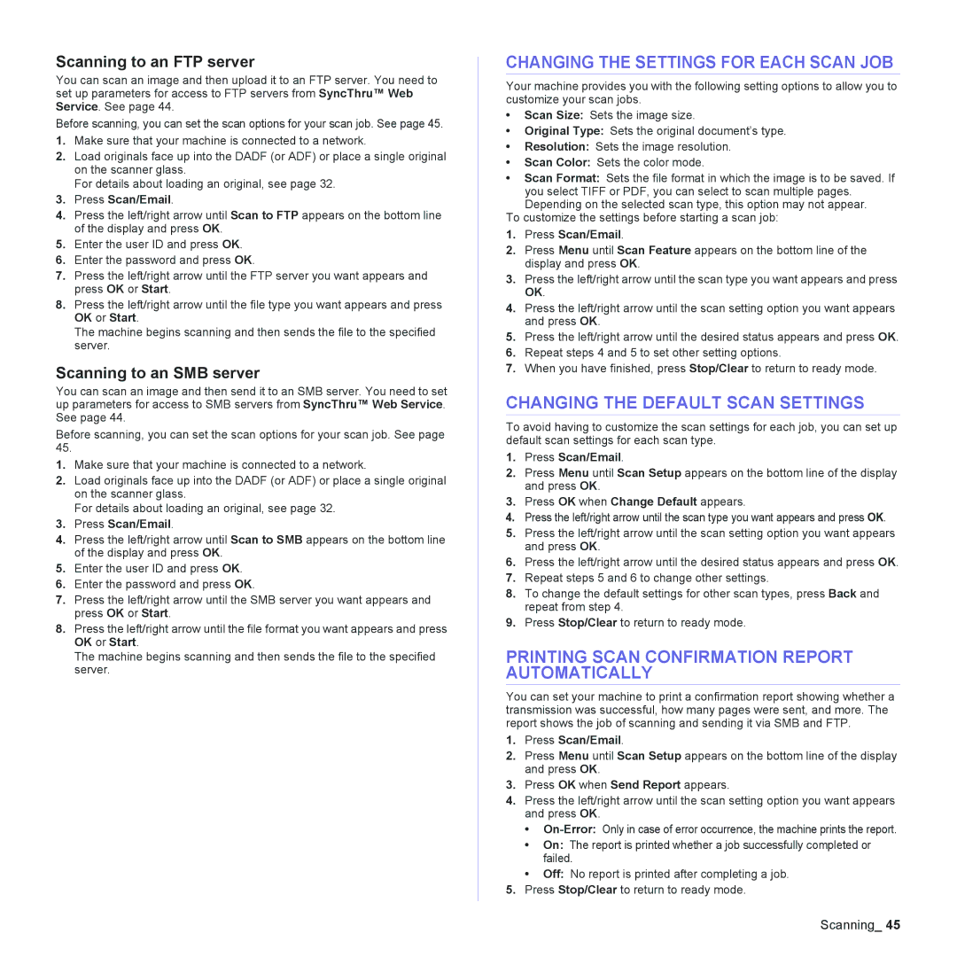 Samsung CLX-6200 Changing the Settings for Each Scan JOB, Changing the Default Scan Settings, Scanning to an FTP server 