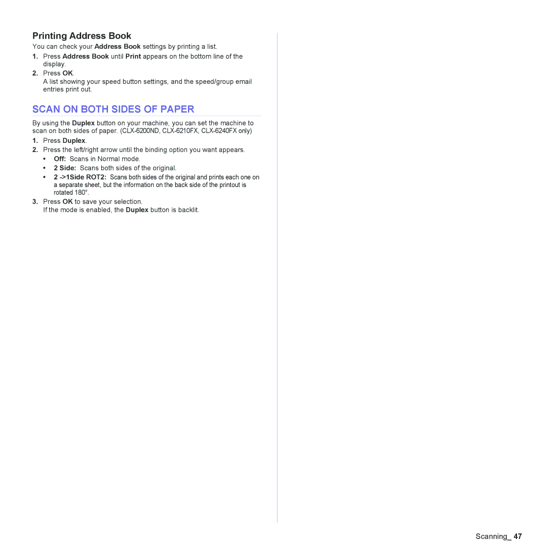 Samsung CLX-6200, CLX-6240 Series manual Scan on Both Sides of Paper, Printing Address Book 