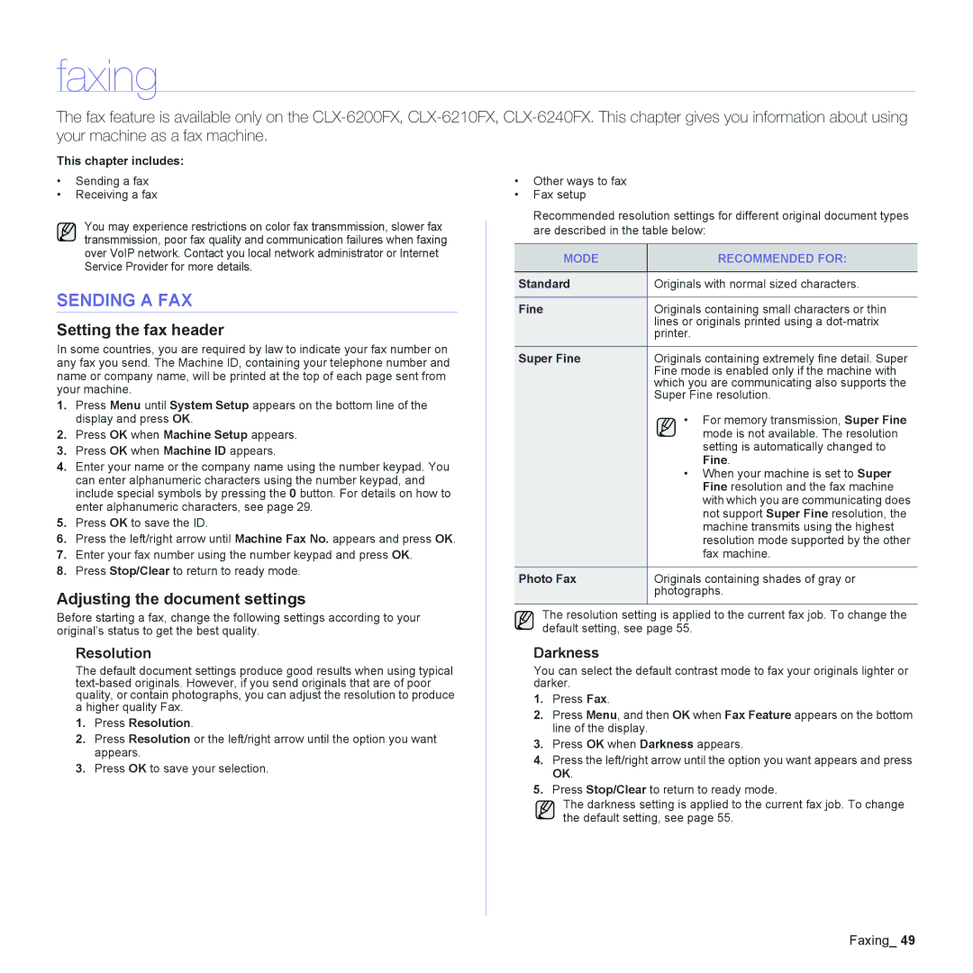 Samsung CLX-6200, CLX-6240 Series manual Faxing, Sending a FAX, Setting the fax header, Adjusting the document settings 