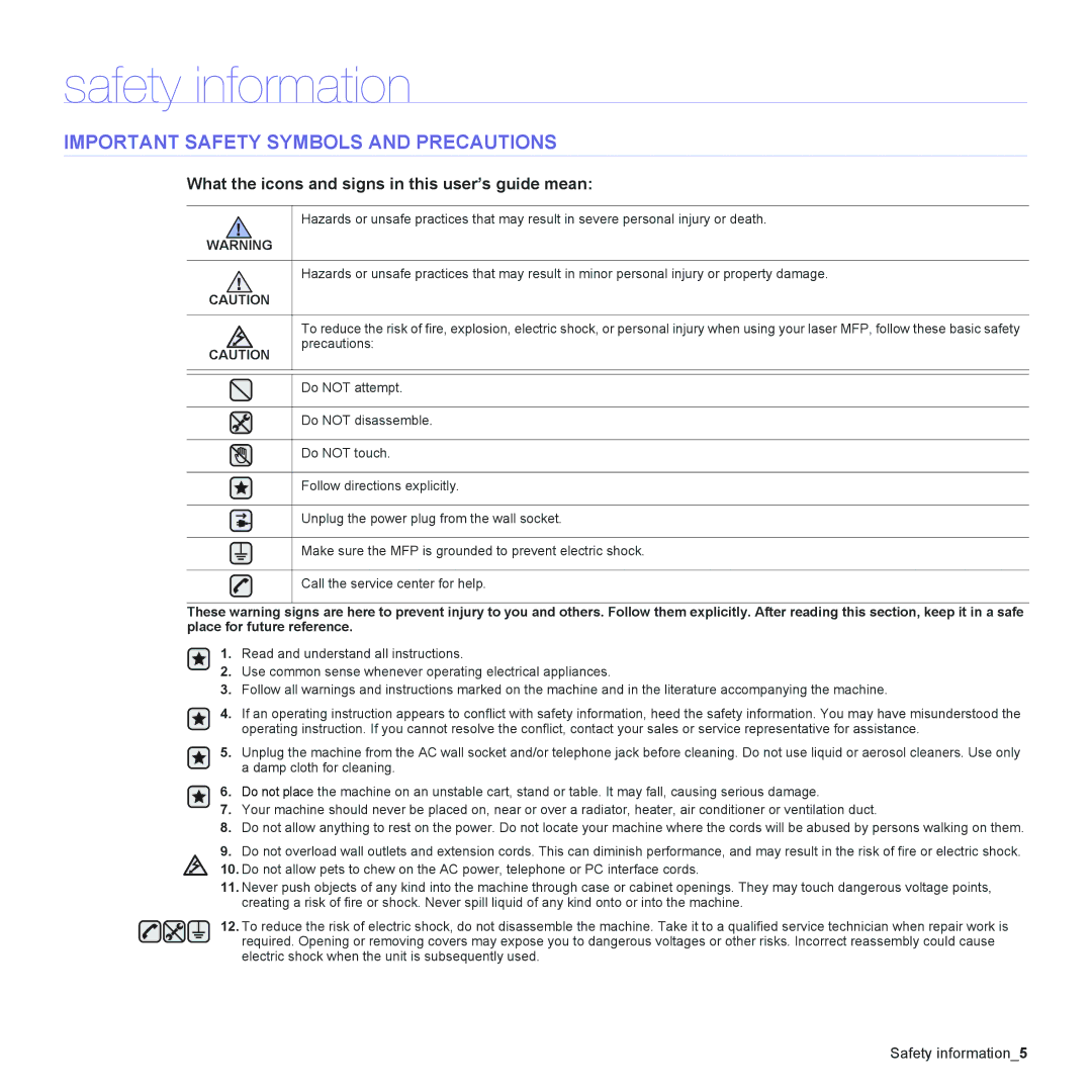 Samsung CLX-6200, CLX-6240 Series manual Safety information, Important Safety Symbols and Precautions 