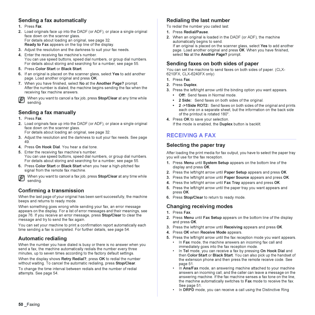 Samsung CLX-6240 Series, CLX-6200 manual Receiving a FAX 