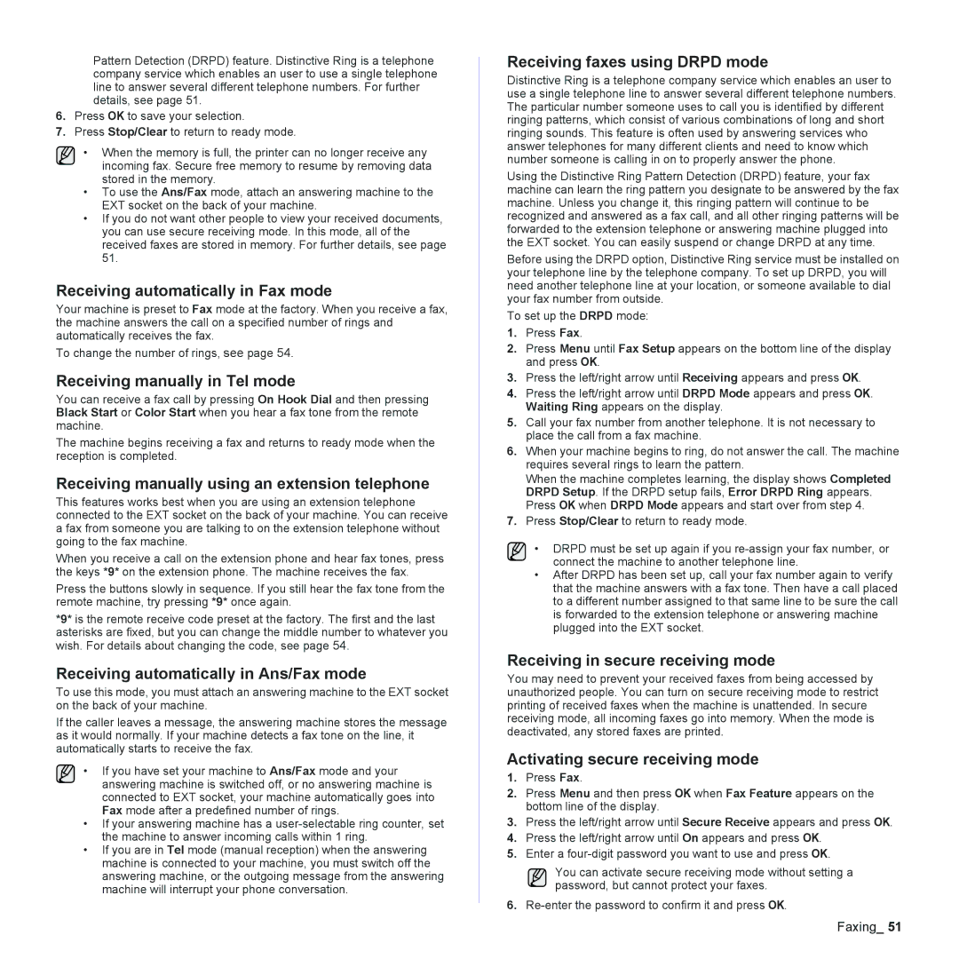 Samsung CLX-6200 Receiving automatically in Fax mode, Receiving manually in Tel mode, Receiving faxes using Drpd mode 