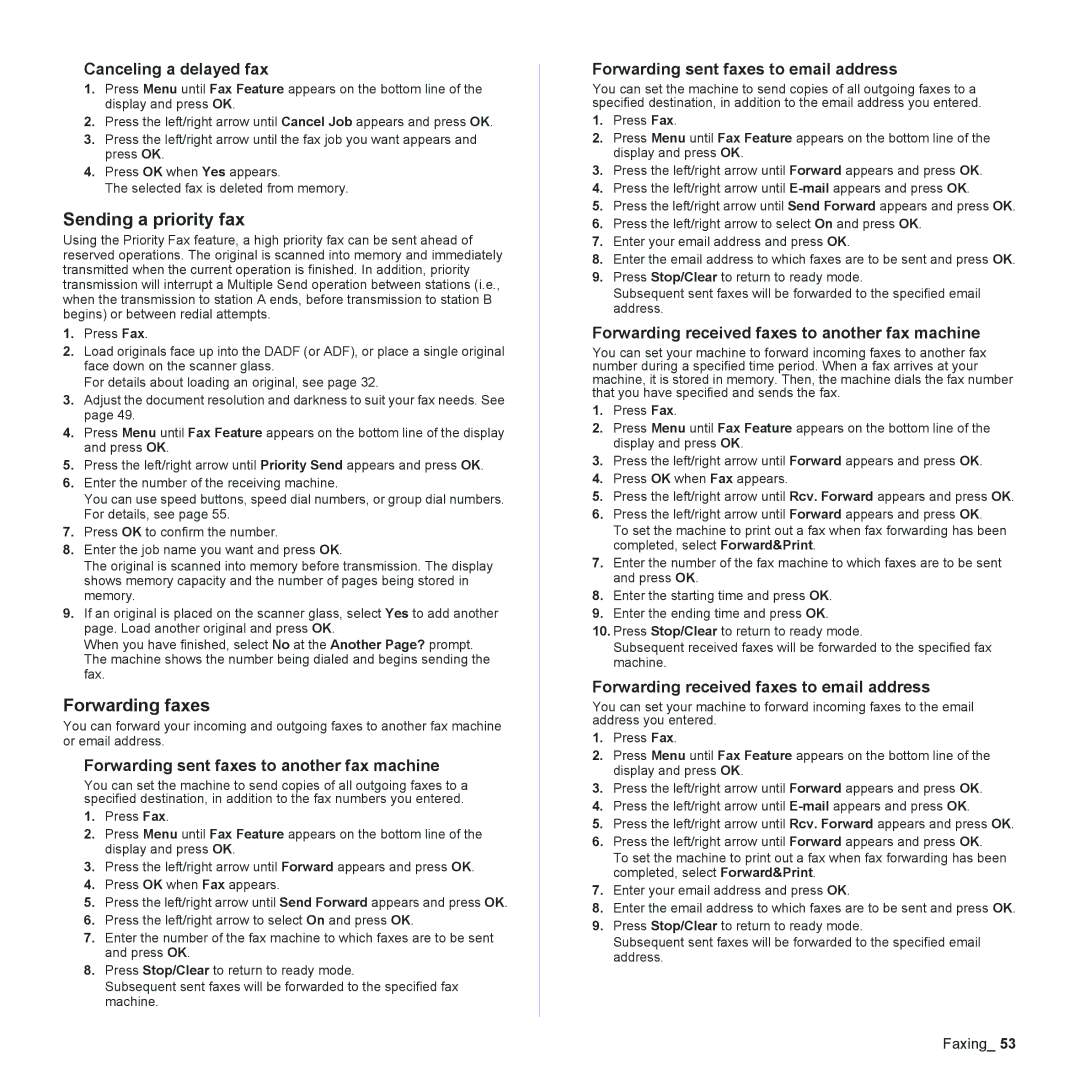 Samsung CLX-6200, CLX-6240 Series manual Sending a priority fax, Forwarding faxes 