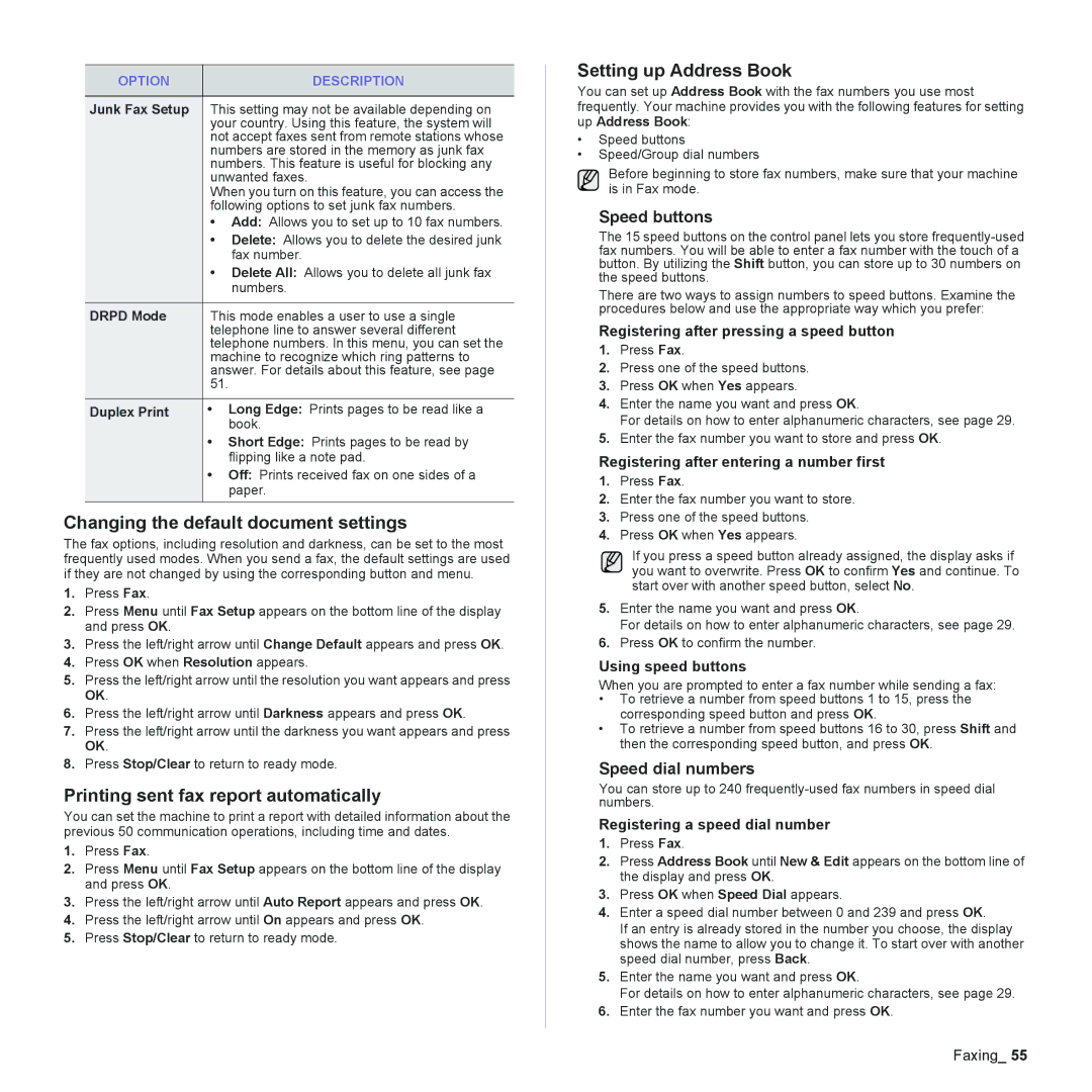 Samsung CLX-6200 Changing the default document settings, Printing sent fax report automatically, Setting up Address Book 