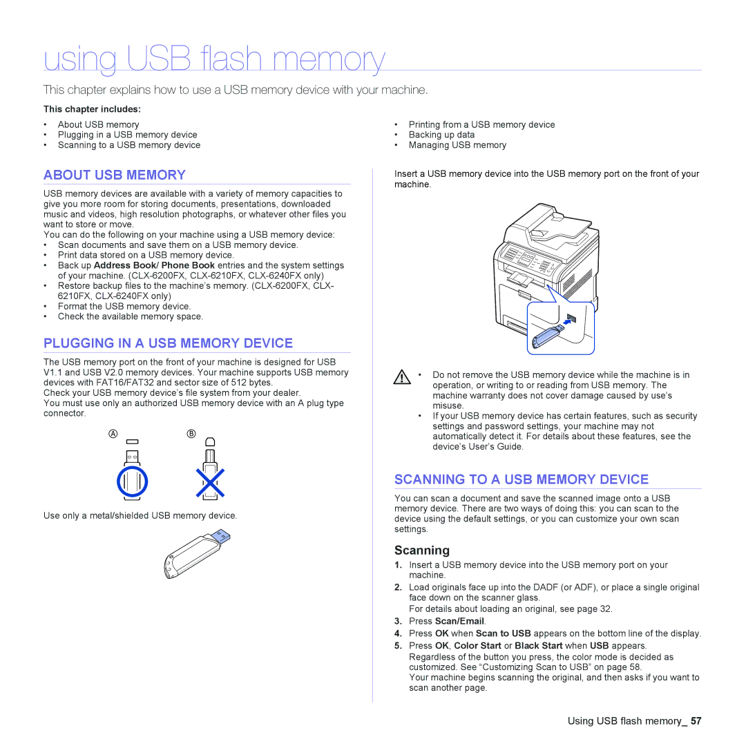 Samsung CLX-6200, CLX-6240 Series manual Using USB flash memory, About USB Memory, Plugging in a USB Memory Device, Scanning 