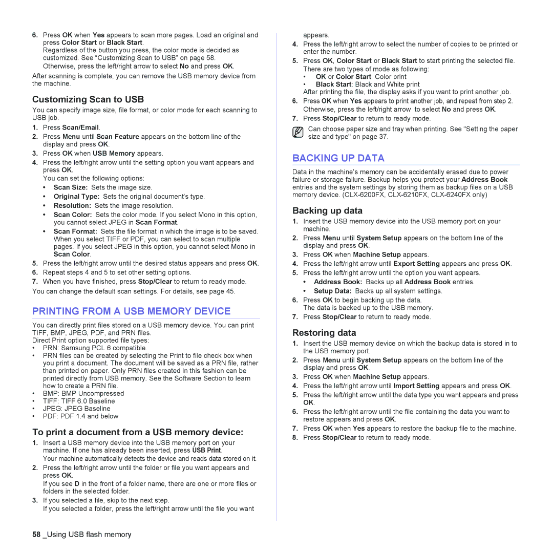 Samsung CLX-6240 Series, CLX-6200 manual Printing from a USB Memory Device, Backing UP Data 