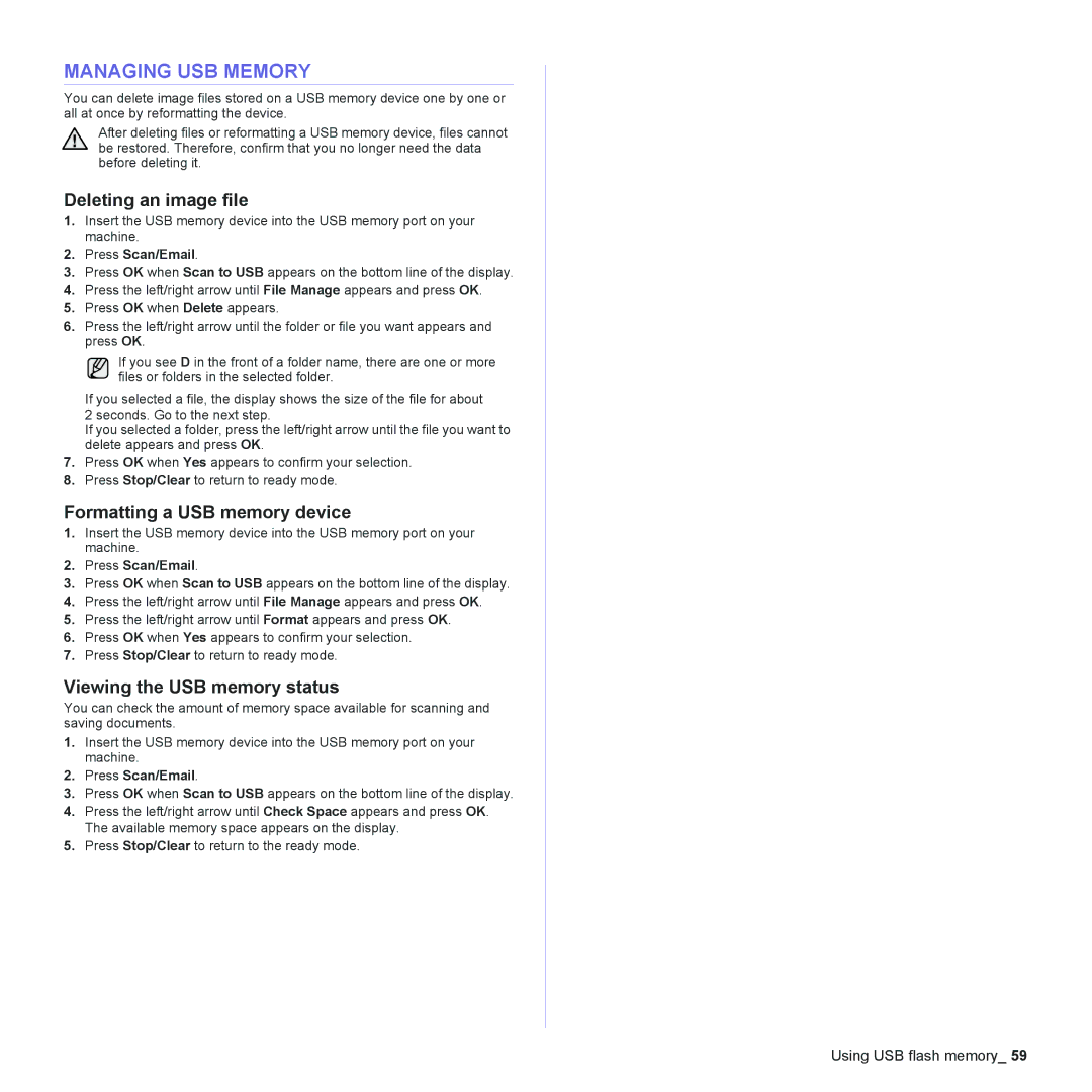 Samsung CLX-6200, CLX-6240 Series manual Managing USB Memory, Deleting an image file, Formatting a USB memory device 