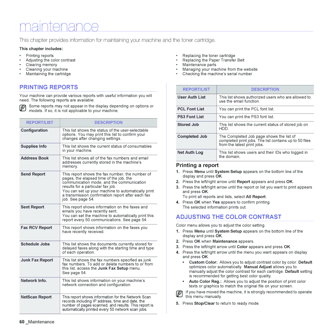 Samsung CLX-6240 Series, CLX-6200 manual Maintenance, Printing Reports, Adjusting the Color Contrast, Printing a report 