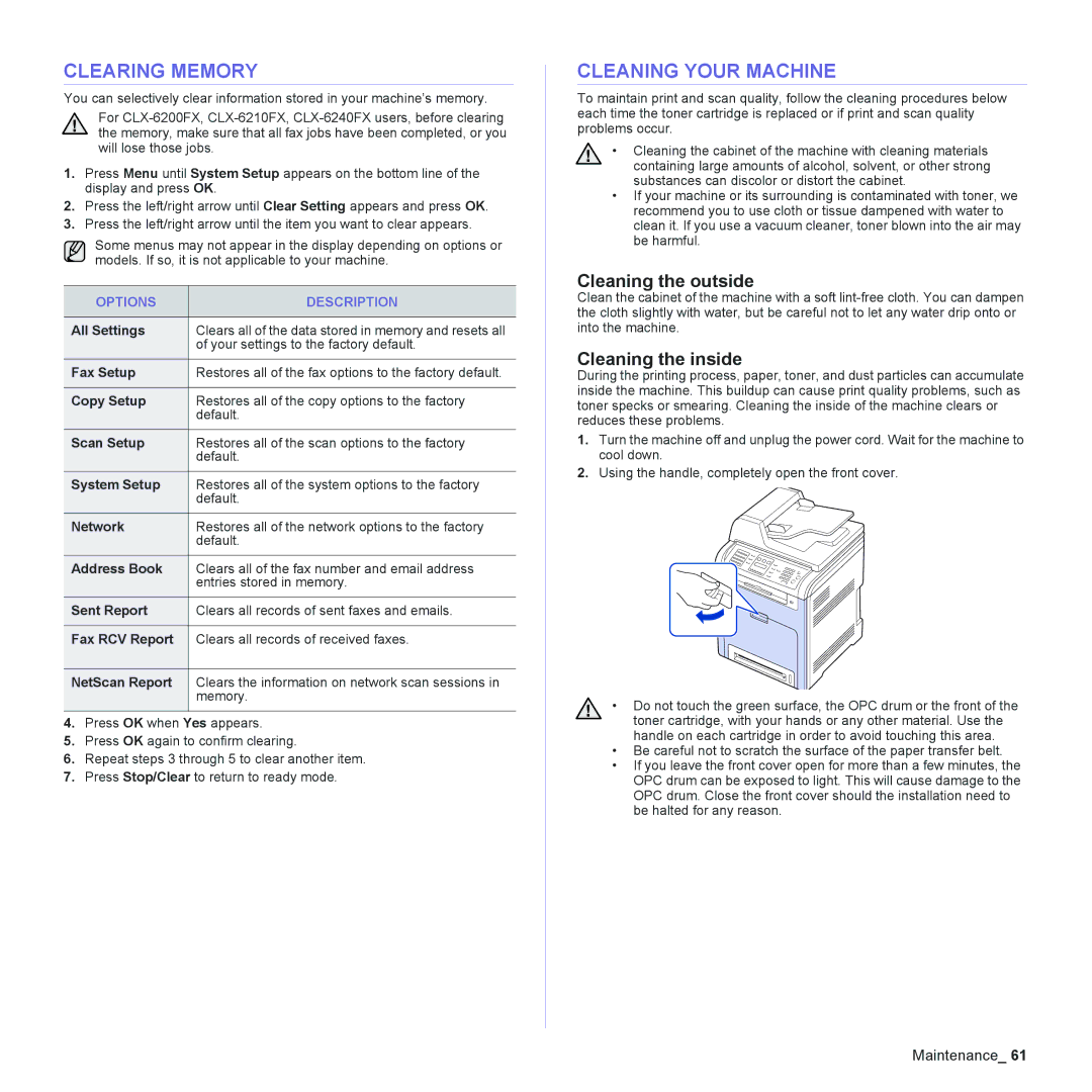 Samsung CLX-6200 Clearing Memory, Cleaning Your Machine, Cleaning the outside, Cleaning the inside, Options Description 