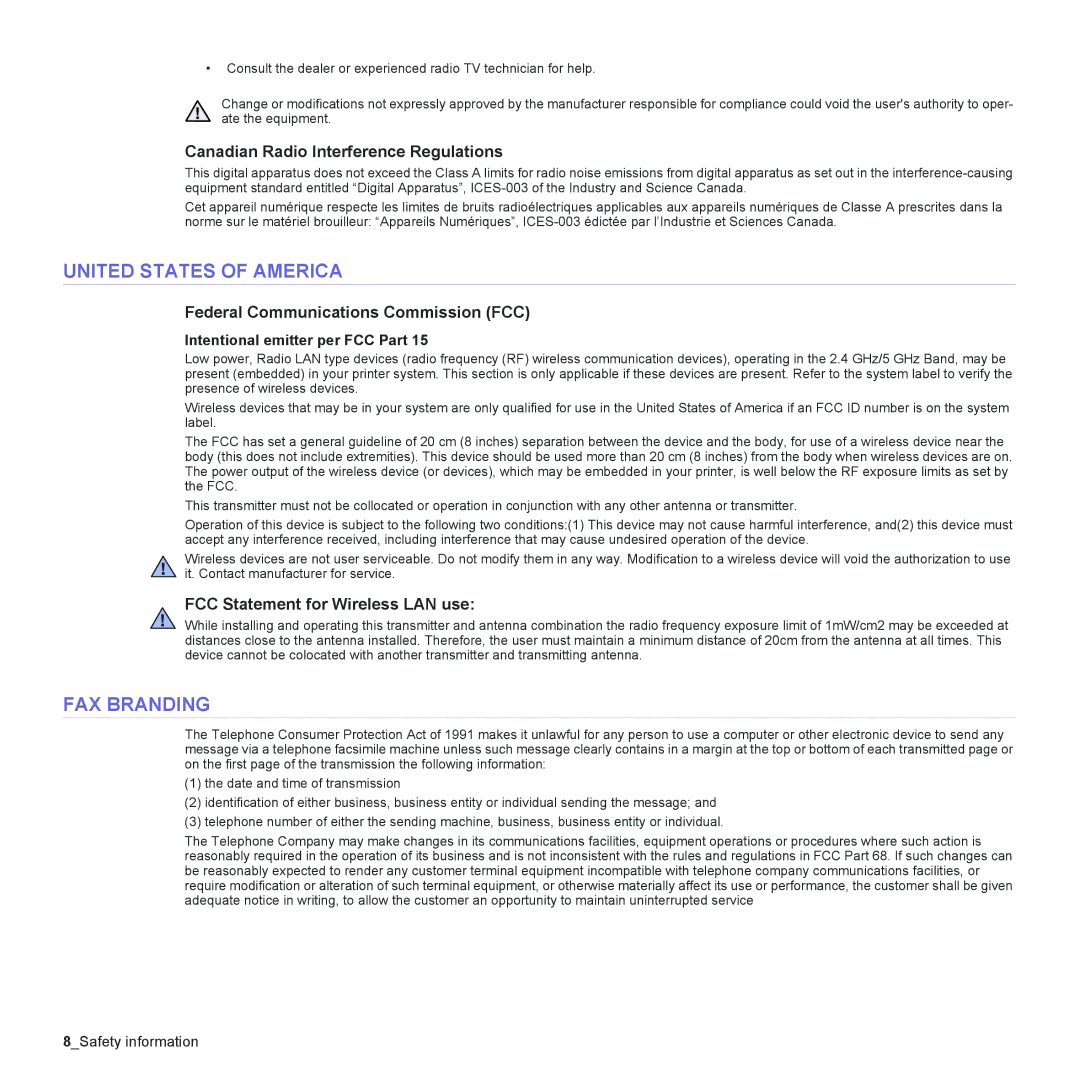 Samsung CLX-6240 Series, CLX-6200 manual United States of America, FAX Branding, Canadian Radio Interference Regulations 