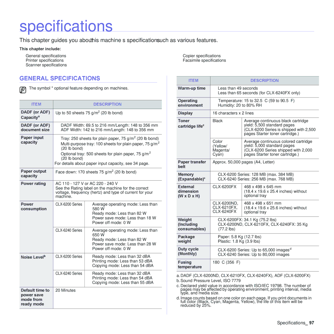 Samsung CLX-6200, CLX-6240 Series manual General Specifications 