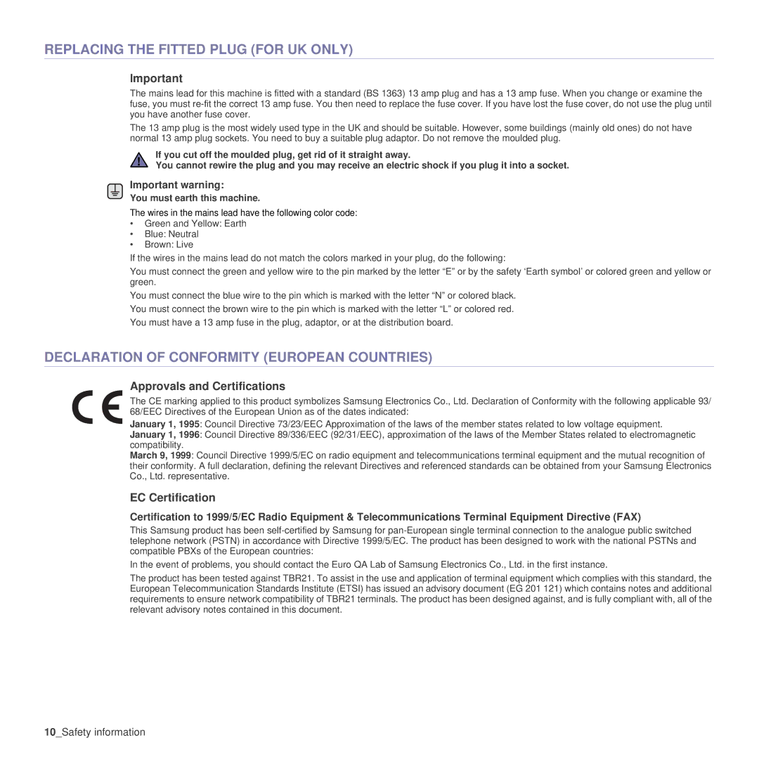 Samsung CLX-6210FX Replacing the Fitted Plug for UK only, Declaration of Conformity European Countries, EC Certification 