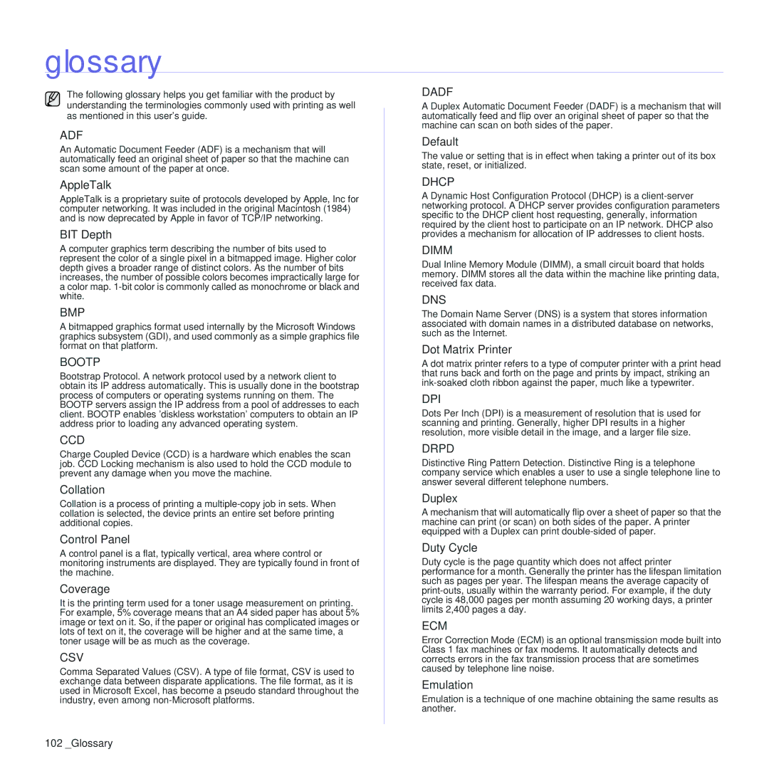 Samsung CLX-6210FX, CLX-6240FX, CLX-6200ND, CLX-6200FX manual Glossary 