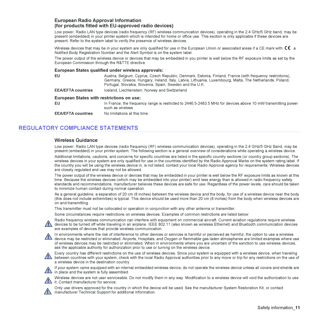 Samsung CLX-6200FX, CLX-6240FX, CLX-6200ND manual Regulatory Compliance Statements, Wireless Guidance, EEA/EFTA countries 