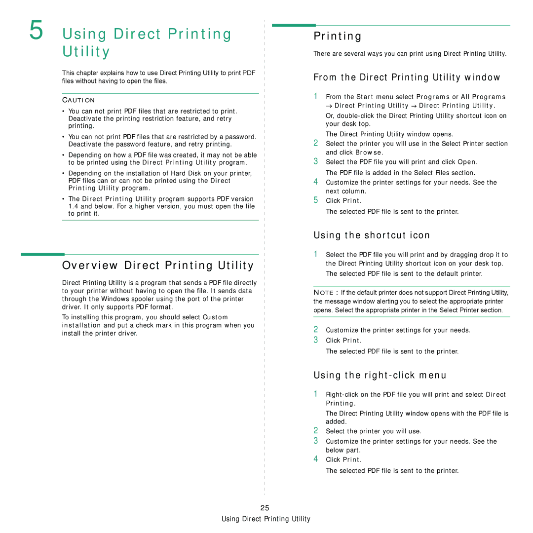 Samsung CLX-6200ND, CLX-6240FX, CLX-6210FX, CLX-6200FX manual Overview Direct Printing Utility, Using the right-click menu 