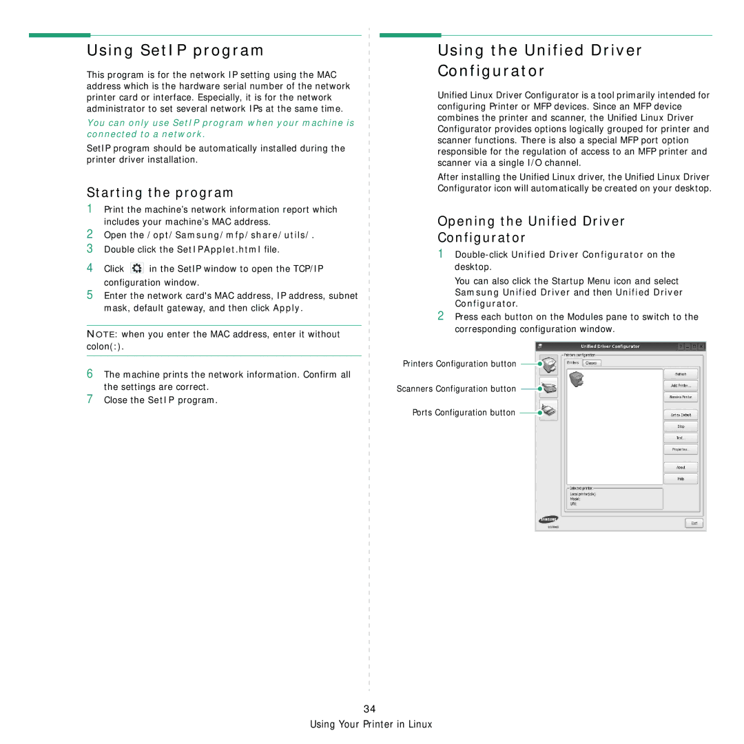 Samsung CLX-6210FX, CLX-6240FX, CLX-6200ND Using SetIP program, Using the Unified Driver Configurator, Starting the program 