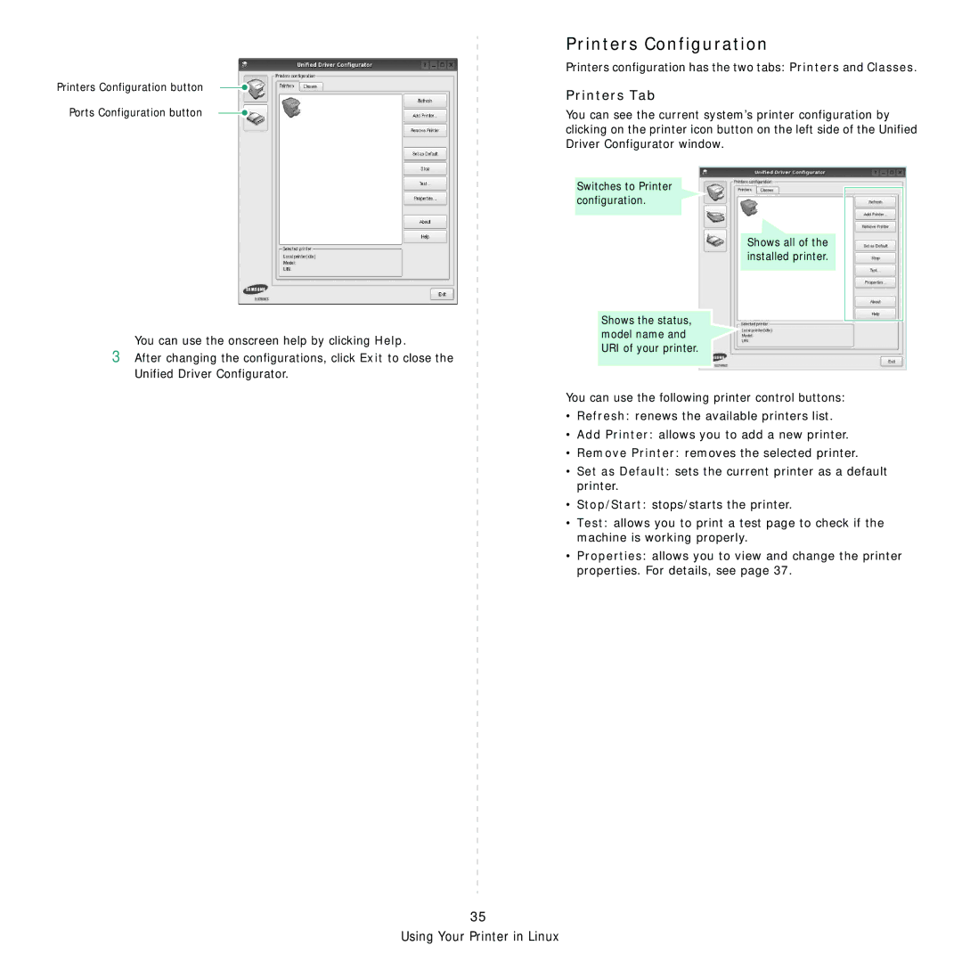 Samsung CLX-6200FX, CLX-6240FX, CLX-6200ND, CLX-6210FX manual Printers Configuration, Printers Tab 