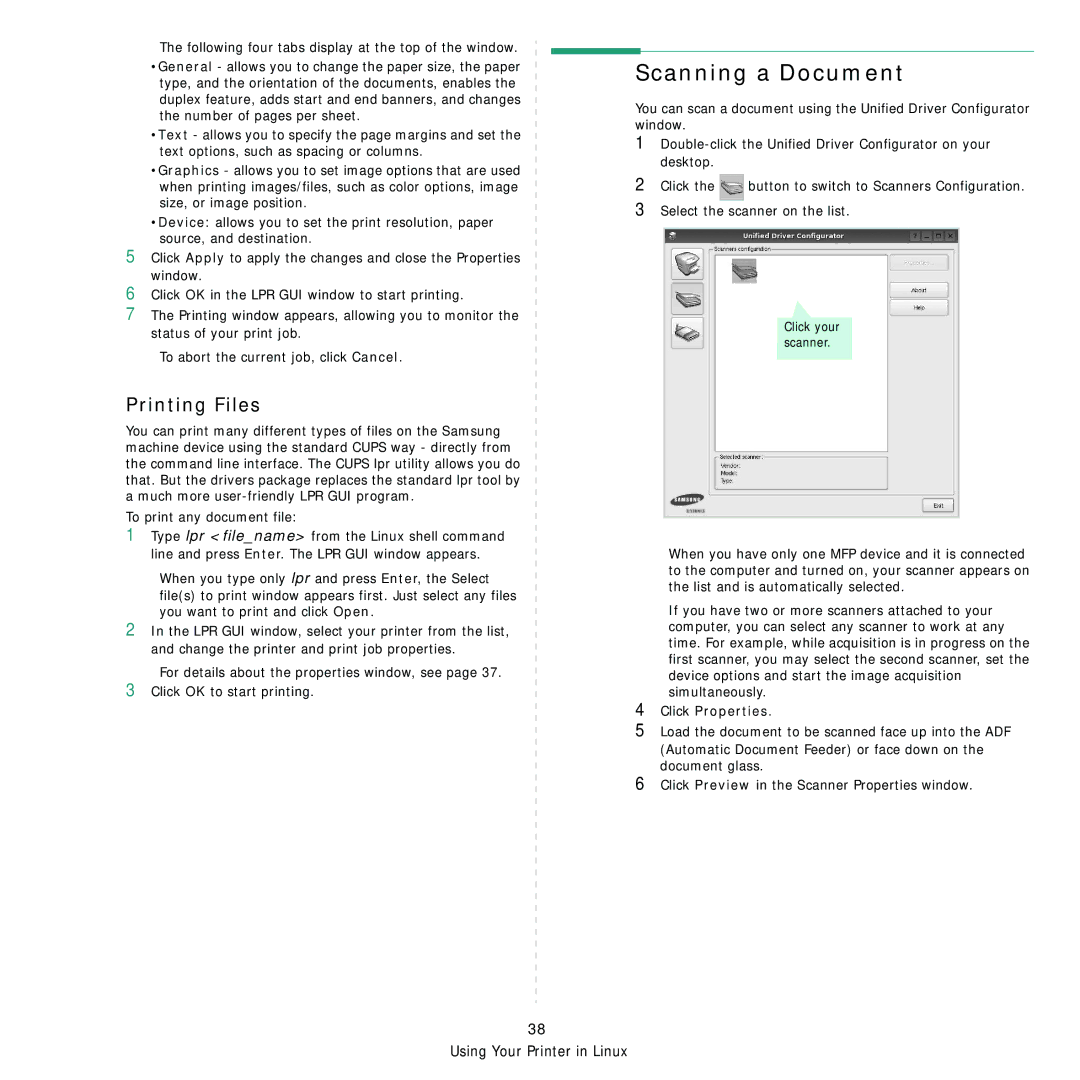 Samsung CLX-6210FX, CLX-6240FX, CLX-6200ND, CLX-6200FX manual Scanning a Document, Printing Files, Click Properties 