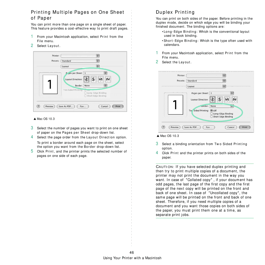 Samsung CLX-6210FX, CLX-6240FX, CLX-6200ND, CLX-6200FX manual Printing Multiple Pages on One Sheet of Paper, Duplex Printing 