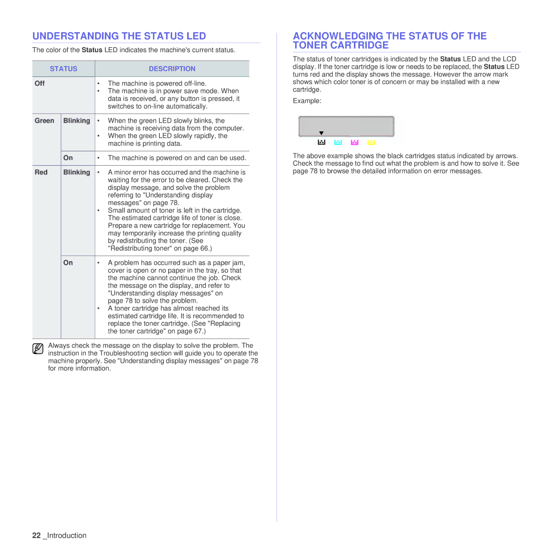 Samsung CLX-6210FX manual Understanding the Status LED, Acknowledging the Status of the Toner Cartridge, Status Description 