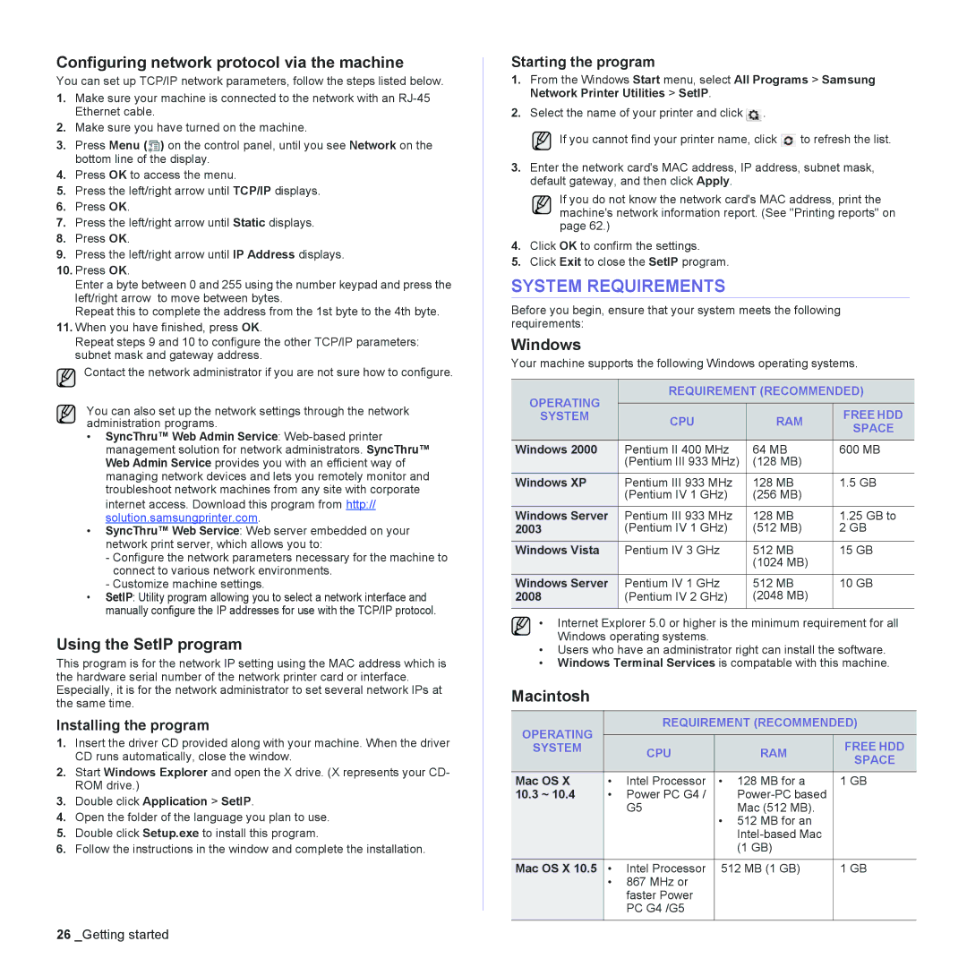 Samsung CLX-6210FX System Requirements, Configuring network protocol via the machine, Using the SetIP program, Windows 