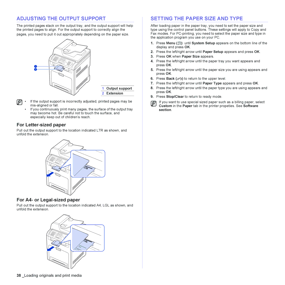 Samsung CLX-6210FX, CLX-6240FX manual Adjusting the Output Support, Setting the Paper Size and Type, For Letter-sized paper 