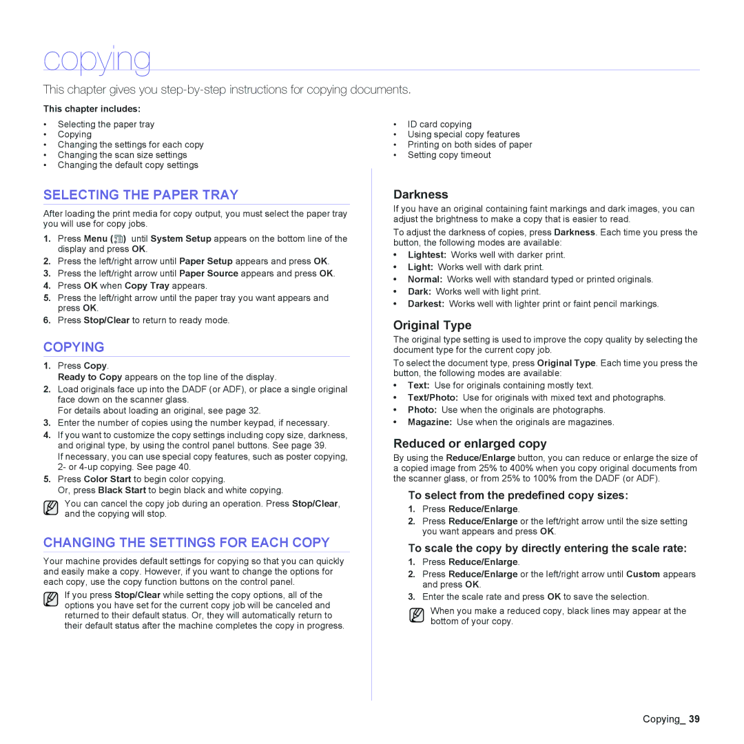 Samsung CLX-6200FX, CLX-6240FX, CLX-6200ND manual Copying, Selecting the Paper Tray, Changing the Settings for Each Copy 