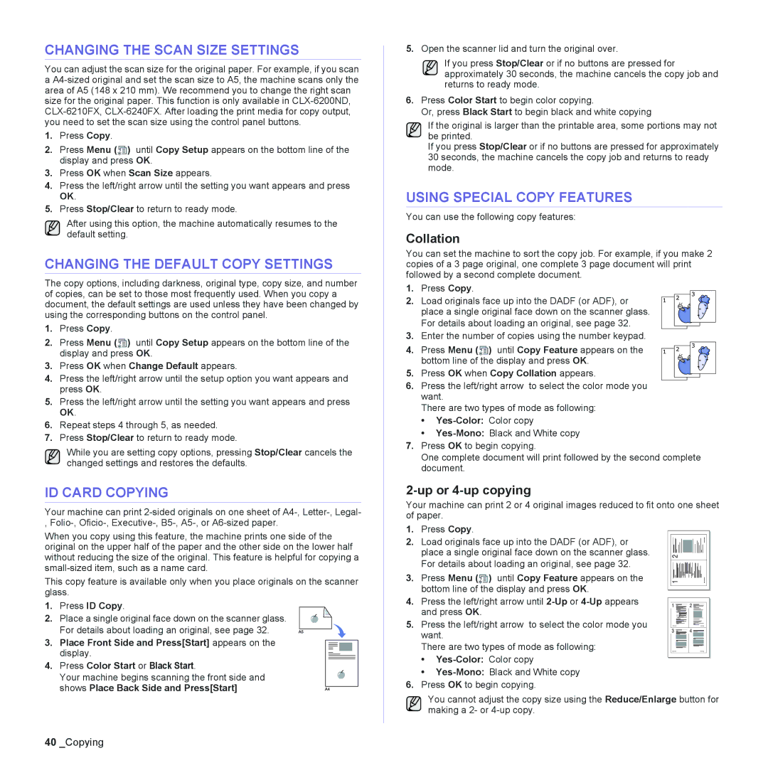 Samsung CLX-6240FX, CLX-6200ND manual Changing the Scan Size Settings, Changing the Default Copy Settings, ID Card Copying 