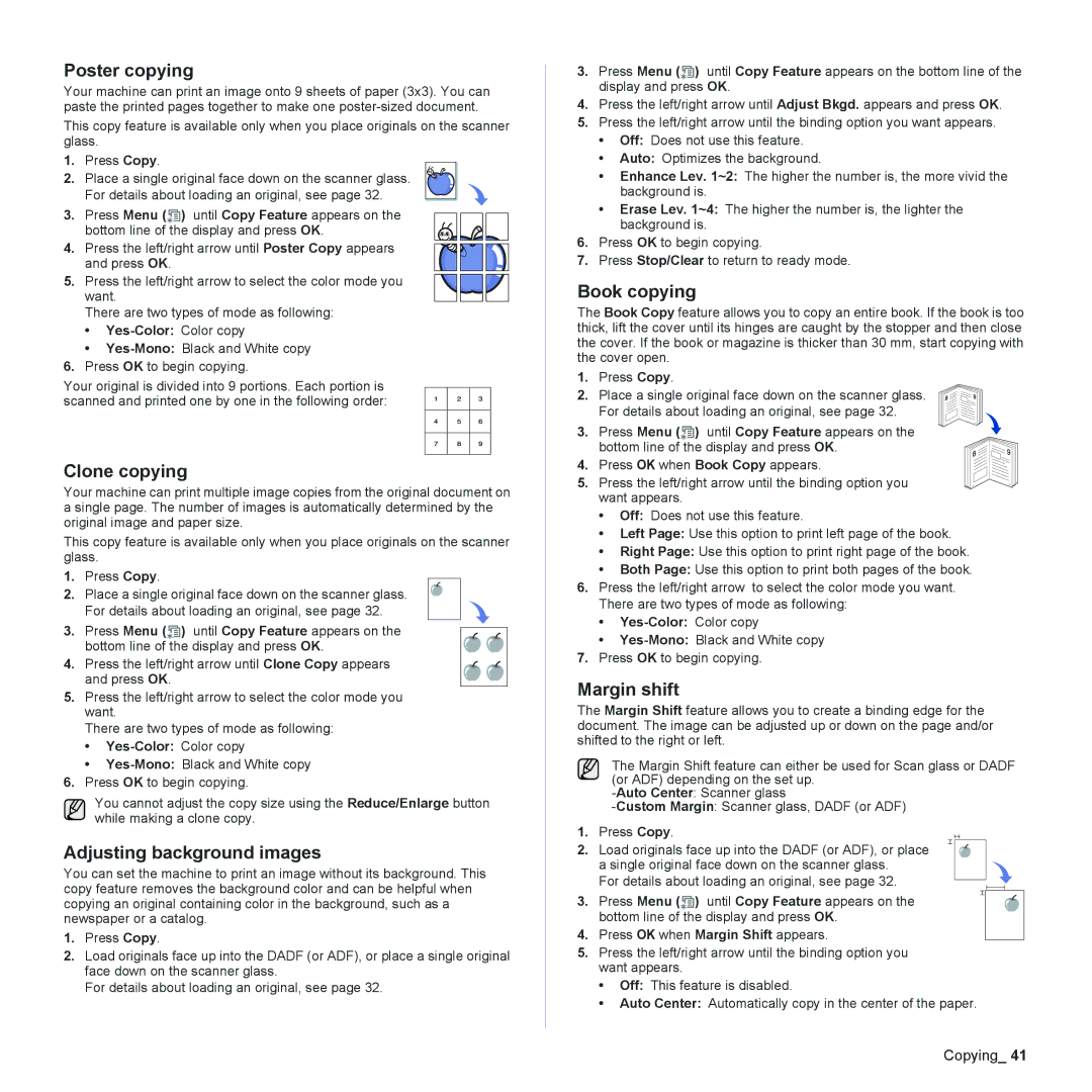 Samsung CLX-6200ND, CLX-6240FX manual Poster copying, Clone copying, Adjusting background images, Book copying, Margin shift 