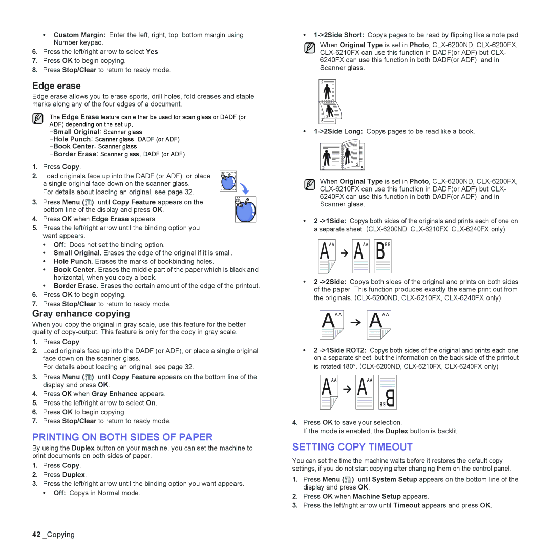 Samsung CLX-6210FX, CLX-6240FX Printing on Both Sides of Paper, Setting Copy Timeout, Edge erase, Gray enhance copying 