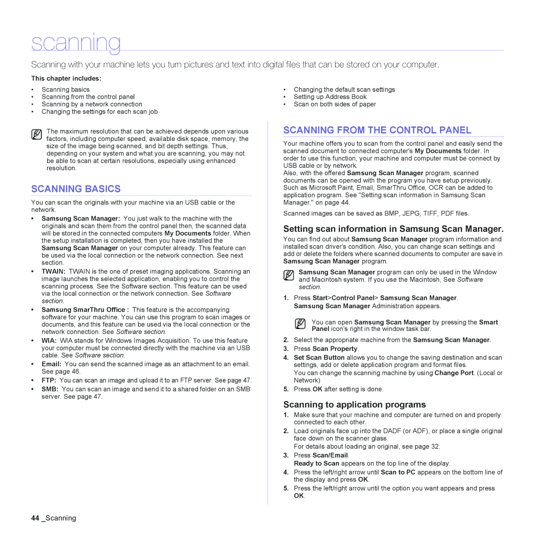 Samsung CLX-6240FX Scanning Basics, Scanning from the Control Panel, Setting scan information in Samsung Scan Manager 