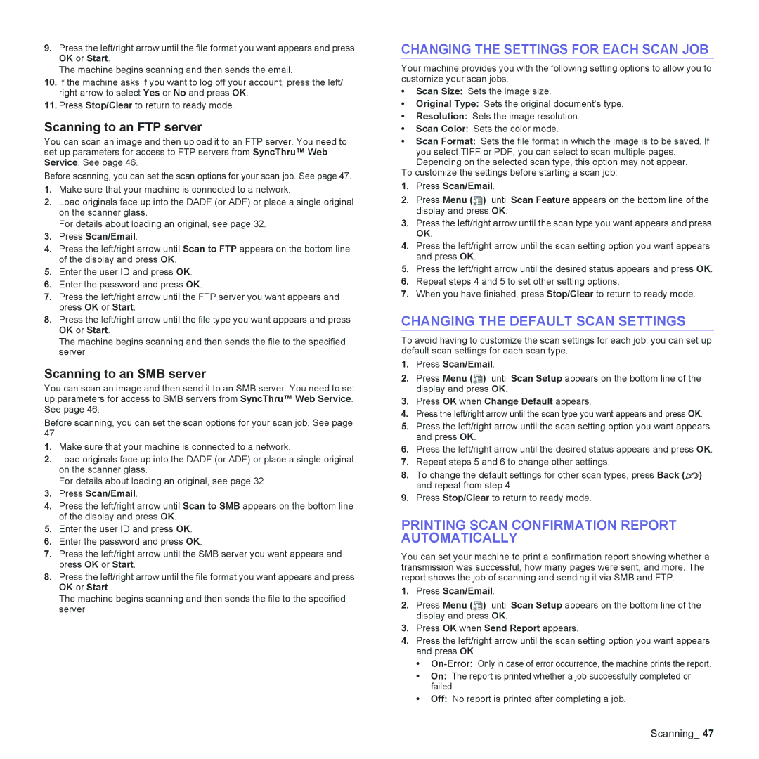 Samsung CLX-6200FX Changing the Settings for Each Scan JOB, Changing the Default Scan Settings, Scanning to an FTP server 