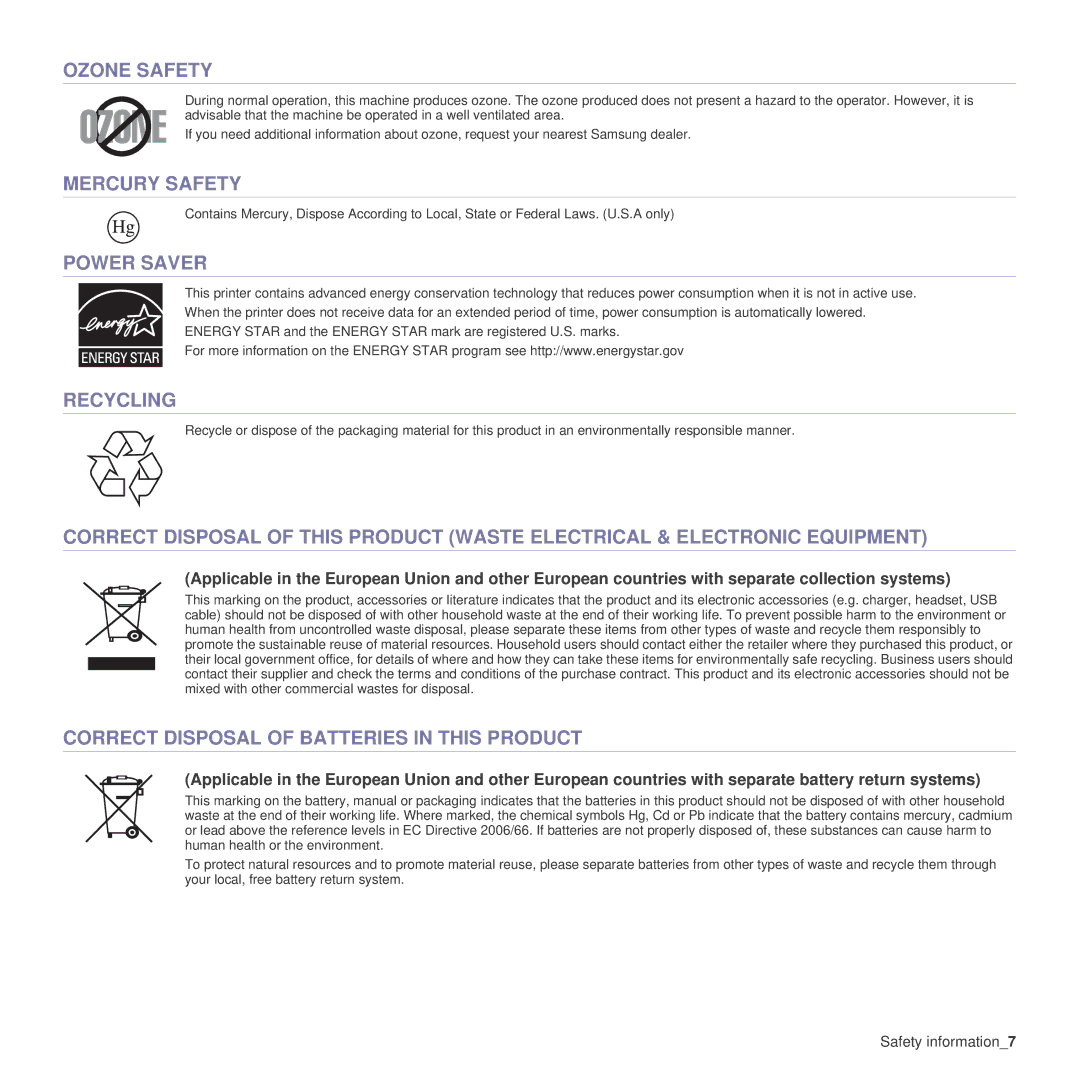 Samsung CLX-6200FX Ozone Safety, Mercury Safety, Power Saver, Recycling, Correct Disposal of Batteries in this Product 