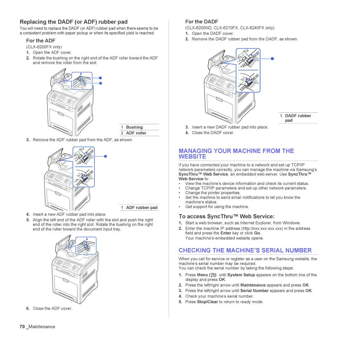 Samsung CLX-6210FX, CLX-6240FX, CLX-6200ND Managing Your Machine from the Website, Checking the MACHINE’S Serial Number 