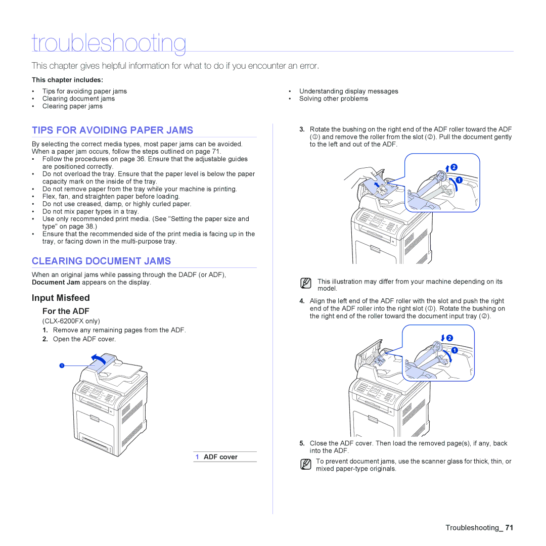 Samsung CLX-6200FX manual Troubleshooting, Tips for Avoiding Paper Jams, Clearing Document Jams, Input Misfeed, ADF cover 