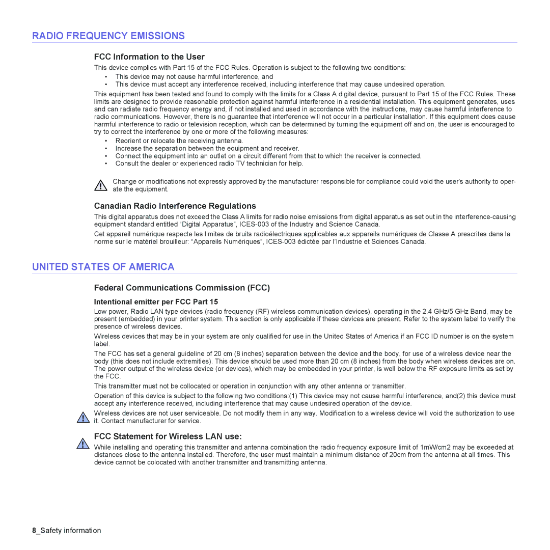 Samsung CLX-6240FX, CLX-6200ND, CLX-6210FX, CLX-6200FX manual Radio Frequency Emissions, United States of America 