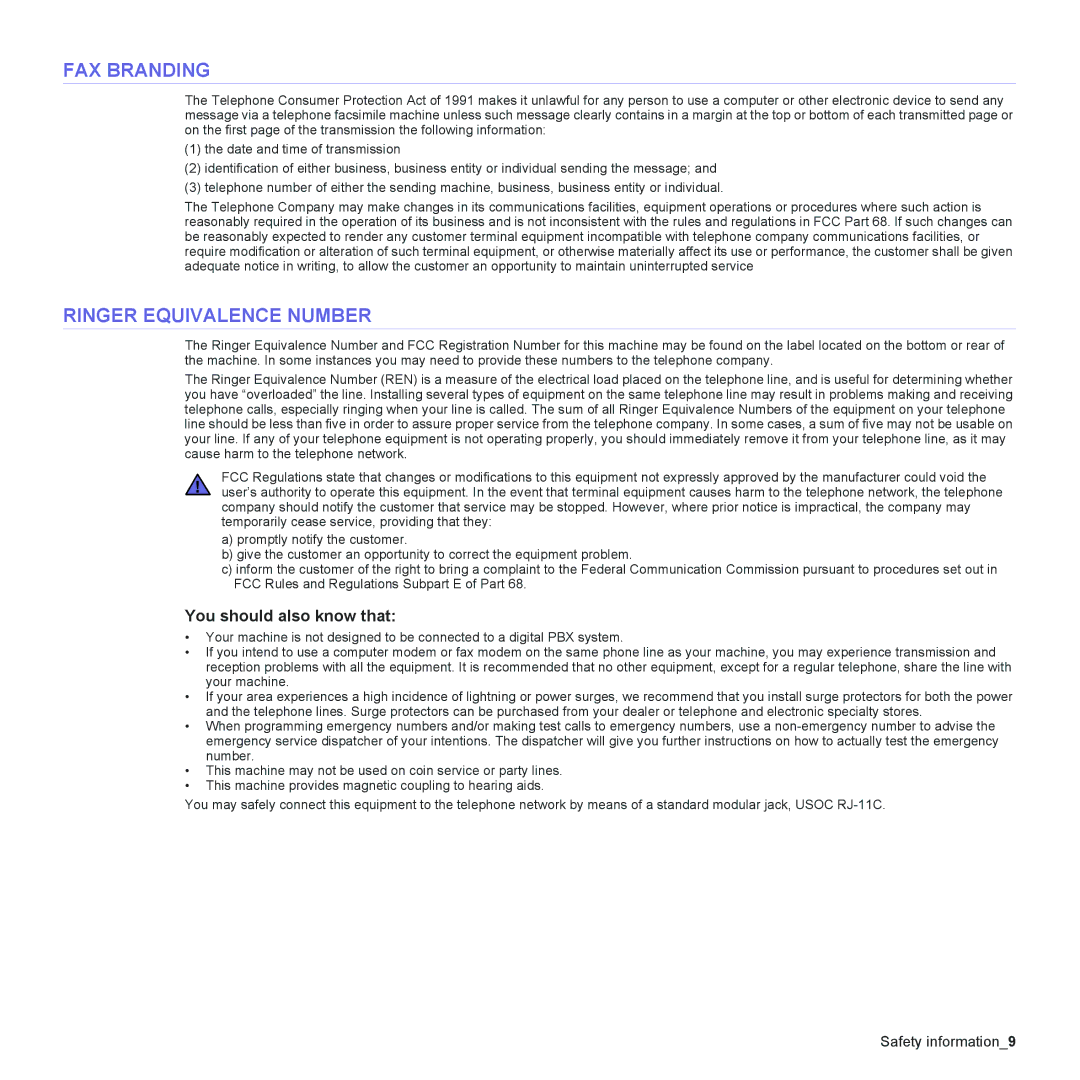 Samsung CLX-6200ND, CLX-6240FX, CLX-6210FX, CLX-6200FX FAX Branding, Ringer Equivalence Number, You should also know that 