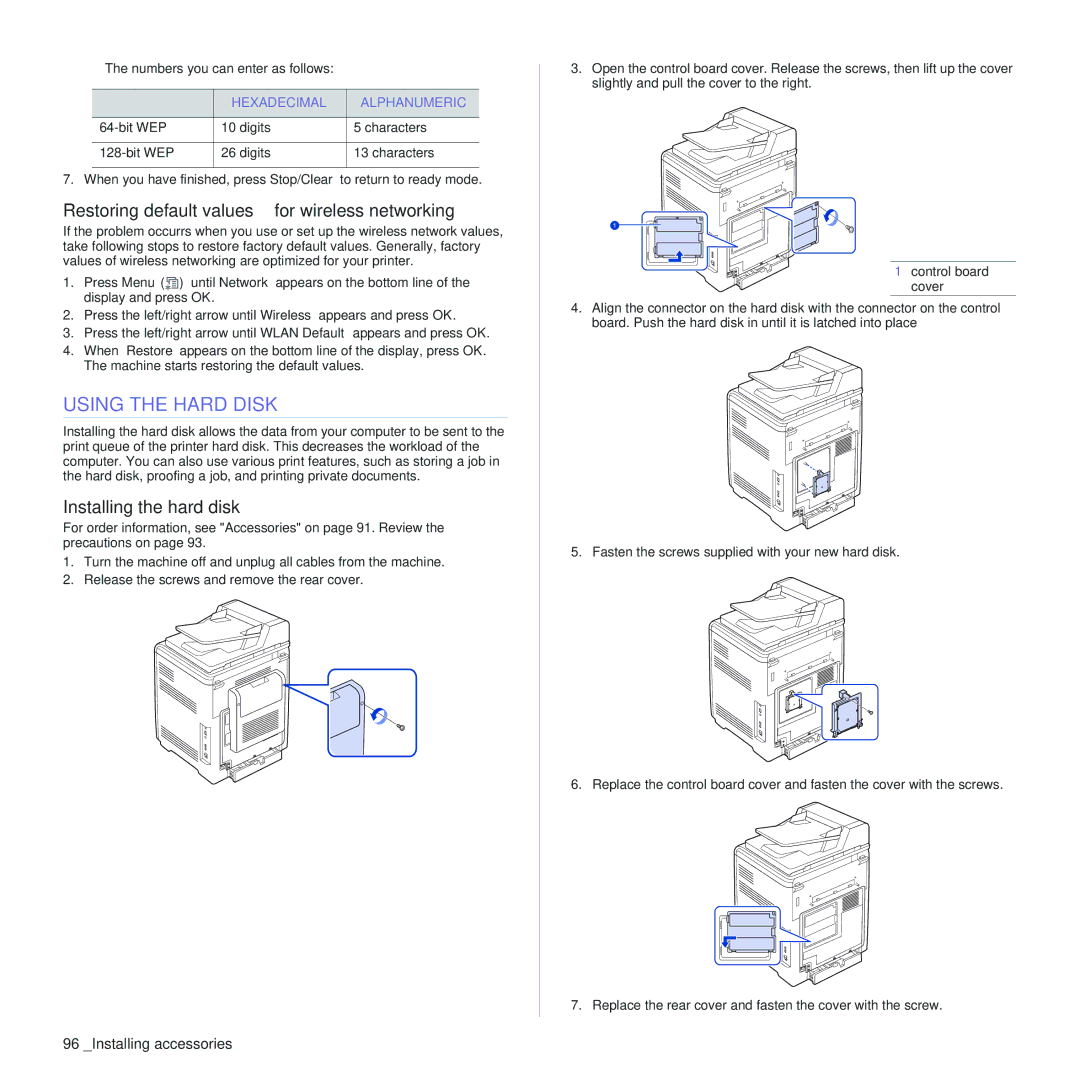 Samsung CLX-6240FX manual Using the Hard Disk, Restoring default values for wireless networking, Installing the hard disk 