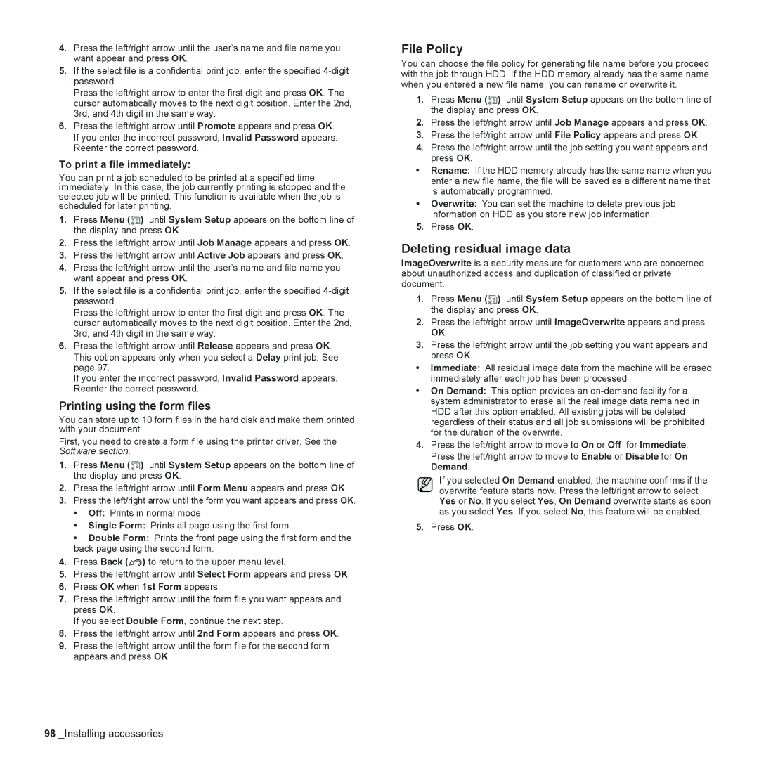 Samsung CLX-6210FX, CLX-6240FX, CLX-6200ND manual File Policy, Deleting residual image data, Printing using the form files 