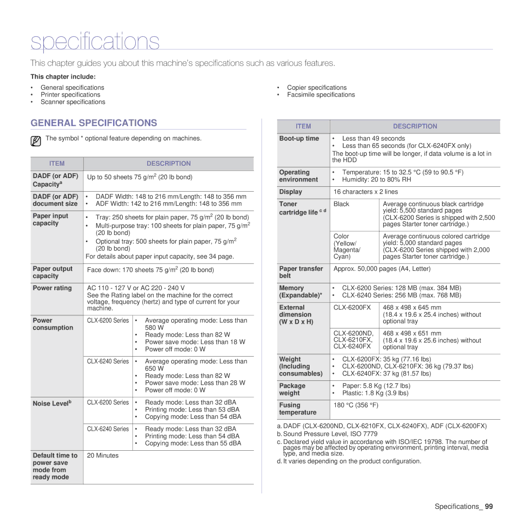 Samsung CLX-6200FX, CLX-6240FX, CLX-6200ND, CLX-6210FX manual General Specifications 